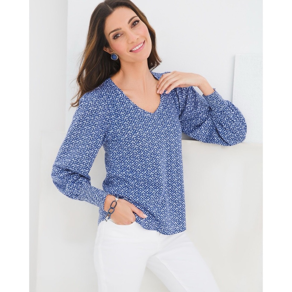 Chico’s Drama Sleeve Cotton-Blend Slub Top Blue & White Long Sleeves L